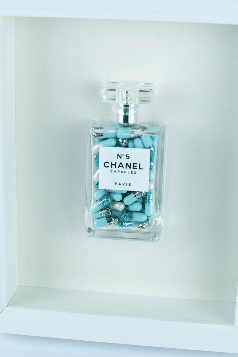 Chanel No.5 Capsules - (White Frame / Blue Pills) by Emma Gibbons