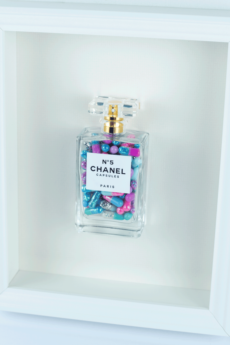 Chanel No.5 Capsules - (White Frame / Blue, Purple Pills) by Emma Gibbons