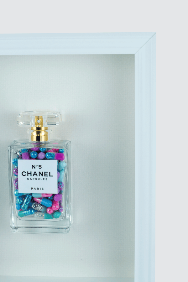 Chanel No.5 Capsules - (White Frame / Blue, Purple Pills) by Emma Gibbons