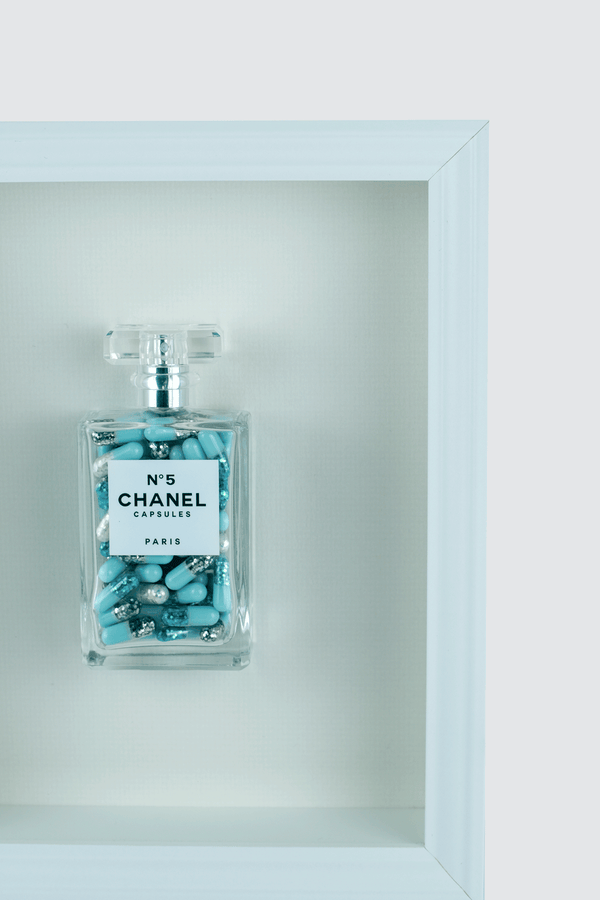 Chanel No.5 Capsules - (White Frame / Blue Pills) by Emma Gibbons