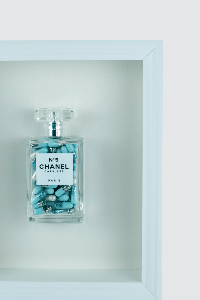 Chanel No.5 Capsules - (White Frame / Blue Pills) by Emma Gibbons