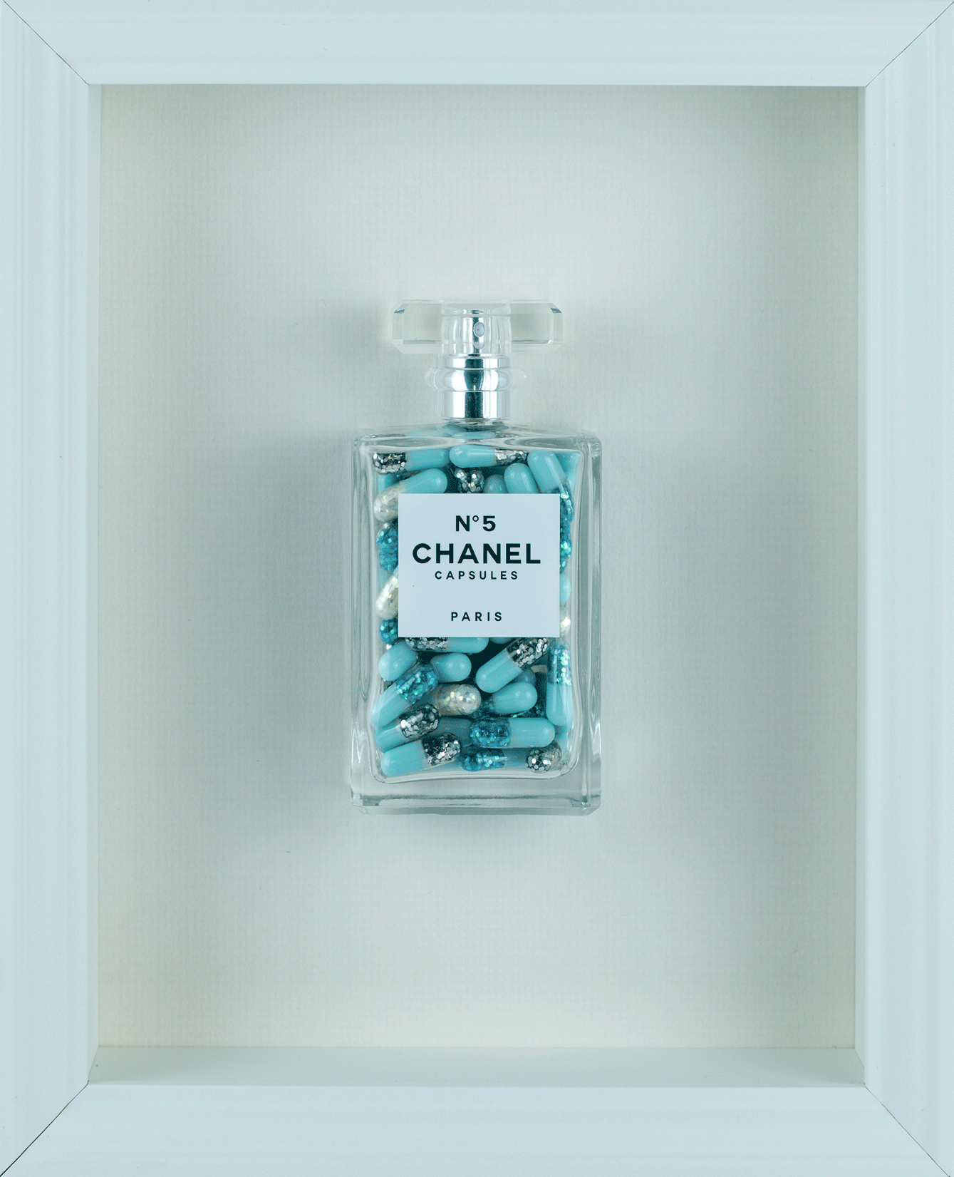 Chanel No.5 Capsules - (White Frame / Blue Pills) by Emma Gibbons