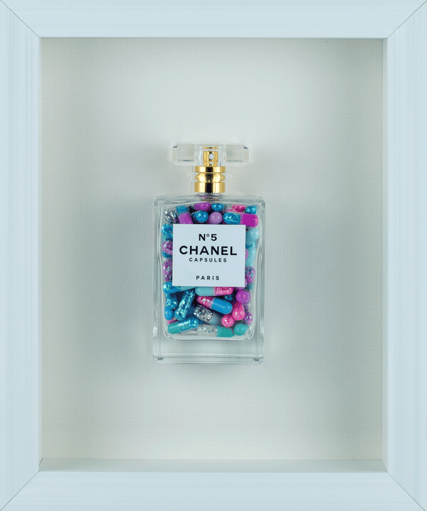 Chanel No.5 Capsules - (White Frame / Blue, Purple Pills) by Emma Gibbons