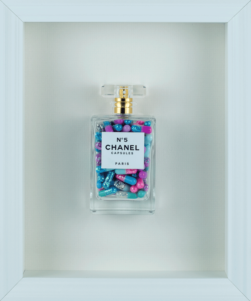 Chanel No.5 Capsules - (White Frame / Blue, Purple Pills) by Emma Gibbons